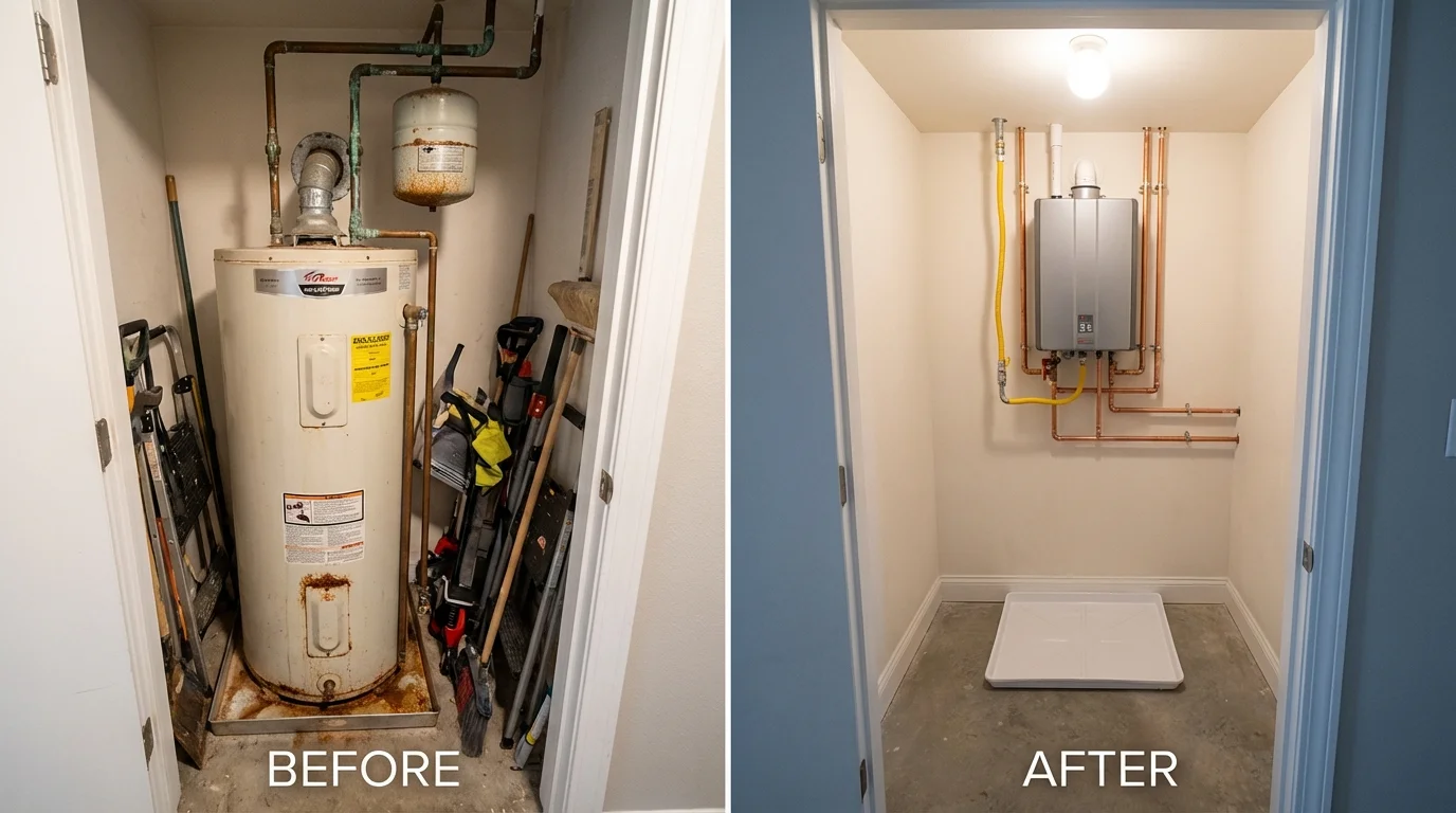 Tank water heater versus wall-mounted tankless unit comparison for Independence, IA homeowners