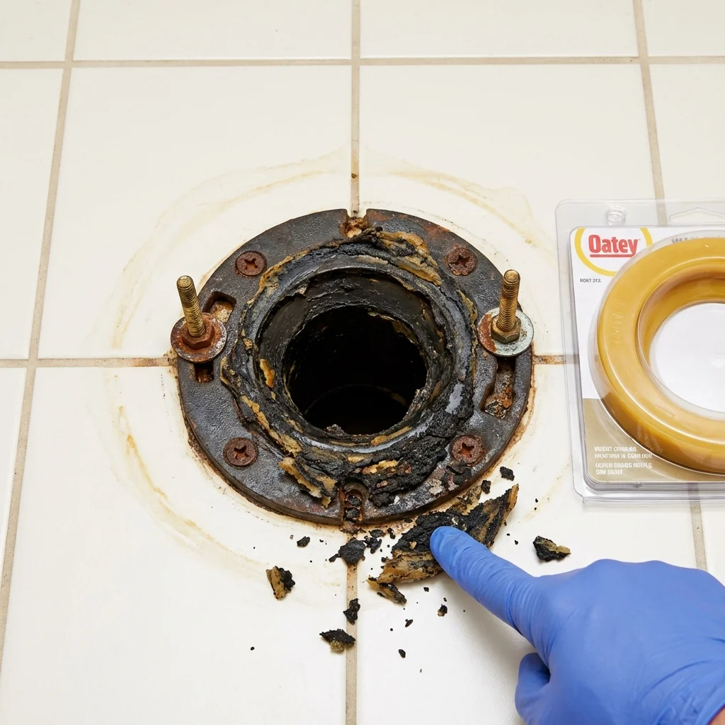 Failed wax ring showing water seepage at the base of a toilet in a Independence, IA home